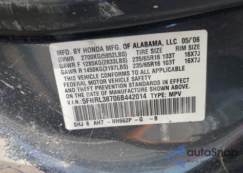 2006 Honda Odyssey Ex-L from USA, damaged, VIN 5FNRL38706B442014